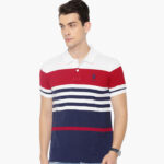 Men White & Navy Blue Striped Polo T-shirt